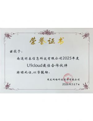 U9C最佳合作伙伴荣誉证书